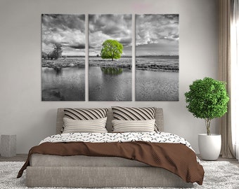 Green Tree Wall Art Black and White Landscape Wall Decor Black and White Background Canvas Set Wall Art Lonely Tree Wall Decor Hanging Art