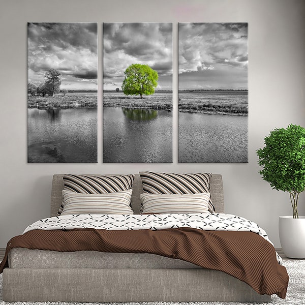 Green Tree Wall Art Black and White Landscape Wall Decor Black and White Background Canvas Set Wall Art Lonely Tree Wall Decor Hanging Art