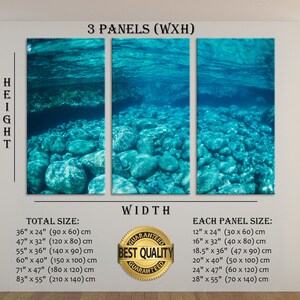 May include: A three-panel canvas art piece depicting an underwater scene. The image shows a view looking up from the ocean floor, with rocks and the surface visible. The text on the image indicates the total and individual panel sizes.