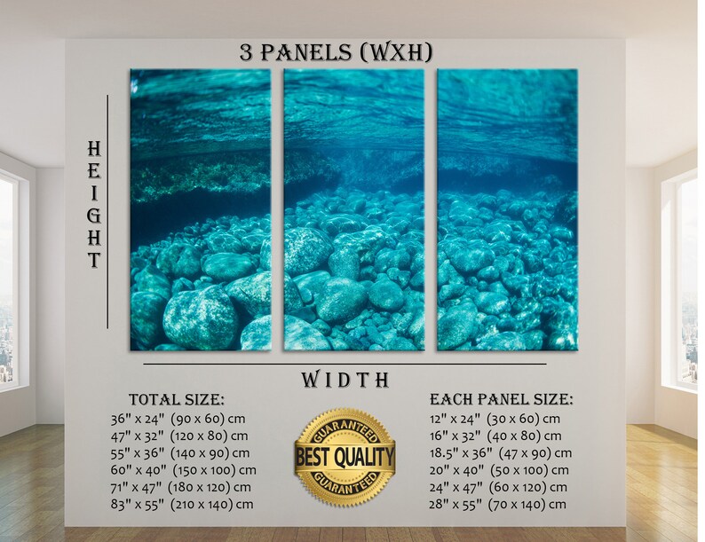 May include: A three-panel canvas art piece depicting an underwater scene. The image shows a view looking up from the ocean floor, with rocks and the surface visible. The text on the image indicates the total and individual panel sizes.