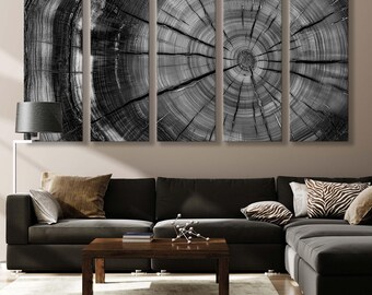 Donkere monochromatische abstracte houten canvasafdruk - zwart-witte muurkunst cadeau