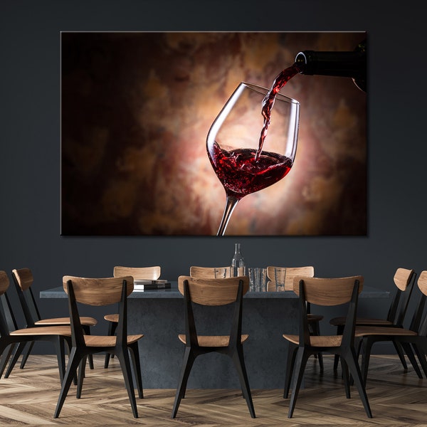 Verter vino en un lienzo de vidrio, arte de pared de vino tinto, decoración para cenar