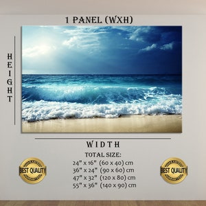 K&ouml;nnte beinhalten: Ein einteiliger Leinwanddruck mit einem Foto eines blauen Ozeans mit wei&szlig;en, schaumigen Wellen, die an einem Sandstrand brechen. Der Himmel ist leuchtend blau mit wei&szlig;en Wolken. Der Druck ist in verschiedenen Gr&ouml;&szlig;en erh&auml;ltlich, darunter 60x40 cm, 90x60 cm, 120x80 cm und 140x90 cm.