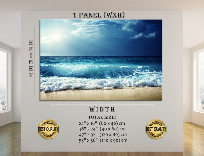 K&ouml;nnte beinhalten: Ein einteiliger Leinwanddruck mit einem Foto eines blauen Ozeans mit wei&szlig;en, schaumigen Wellen, die an einem Sandstrand brechen. Der Himmel ist leuchtend blau mit wei&szlig;en Wolken. Der Druck ist in verschiedenen Gr&ouml;&szlig;en erh&auml;ltlich, darunter 60x40 cm, 90x60 cm, 120x80 cm und 140x90 cm.