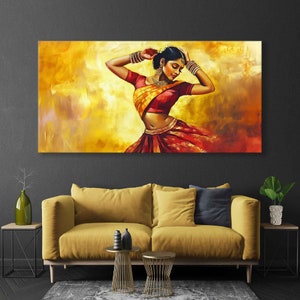 Beautiful Indian Wall Art, Woman Dancing Canvas Print, Extra Large India Wall Decor, Rajasthan Lady Painting, Framed and Ready to Hang Gift