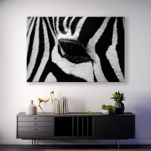 Stunning Zebra Eye Canvas Art Print, Elegant and Trendy Home Decor for Living Room, Striking Black and White Zebra Portrait