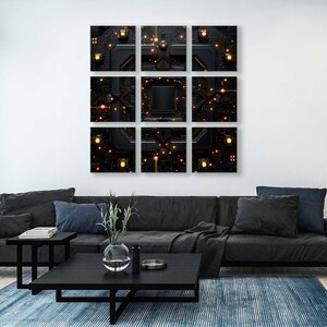 May include: A black and gold abstract wall art print with a circuit board design. The print is divided into nine squares, each with a different pattern of circuits and glowing lights.