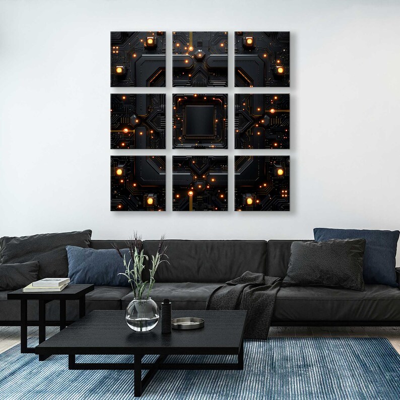 May include: A black and gold abstract wall art print with a circuit board design. The print is divided into nine squares, each with a different pattern of circuits and glowing lights.