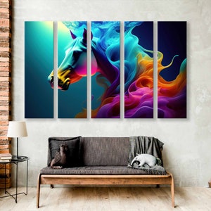 May include: A multi-panel canvas print featuring a colourful abstract horse with flowing mane and tail. The horse is rendered in shades of blue, purple, pink, and orange.