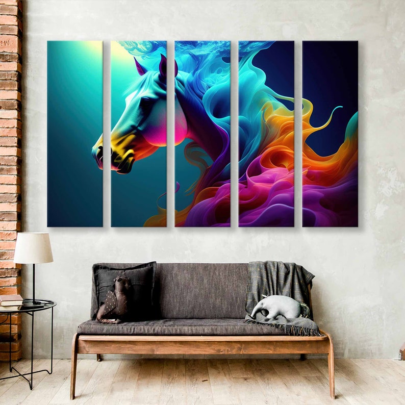 May include: A multi-panel canvas print featuring a colourful abstract horse with flowing mane and tail. The horse is rendered in shades of blue, purple, pink, and orange.