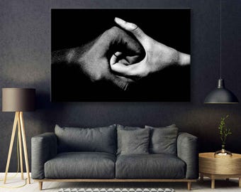 Arte mural Yin y Yang: Impresión abstracta en lienzo con manos en blanco y negro - Conjunto de arte motivacional