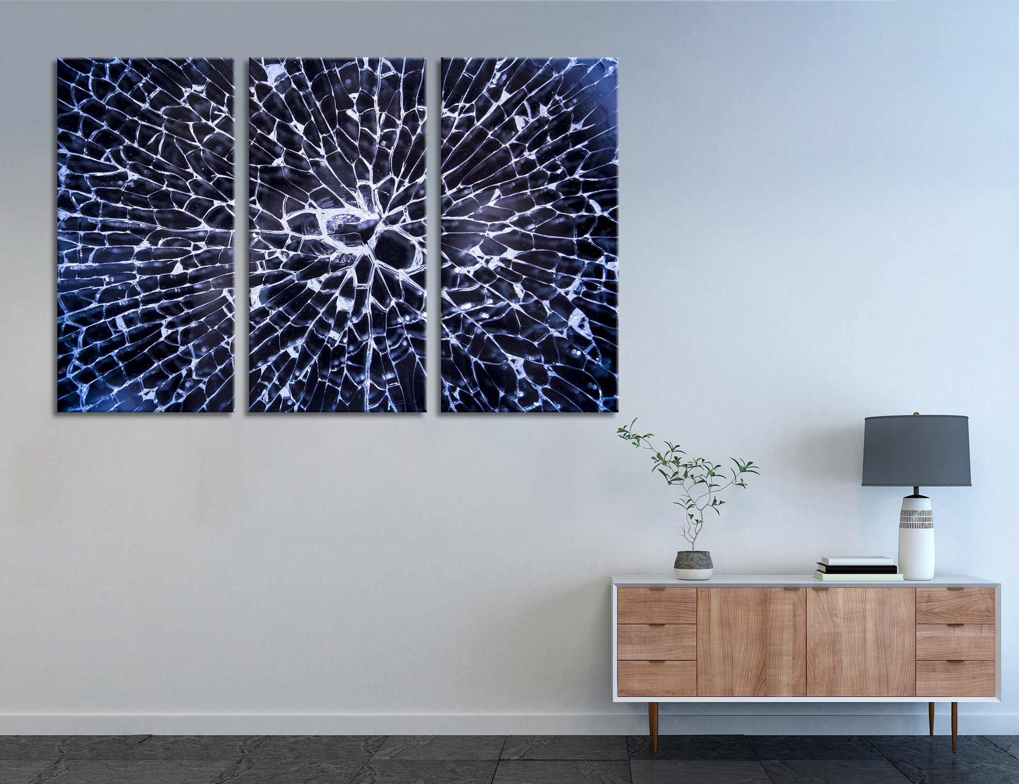 Cracked Glass Canvas, Broken Glass Wall Decor, Blue Abstract