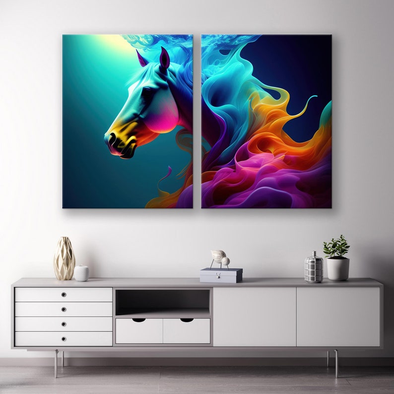 May include: A split canvas painting of a colourful horse with a blue, yellow, orange, pink, and purple mane. The horse's head is on the left side of the canvas and the mane is on the right side.