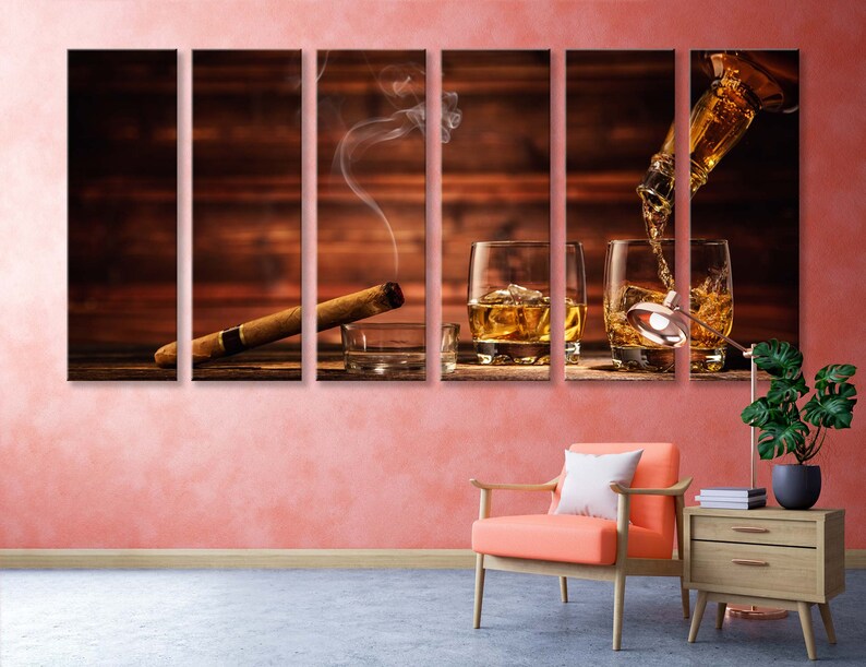 May include: A multi-panel canvas print featuring a wooden background with a lit cigar, smoke, and three glasses of amber liquid being poured from a bottle.