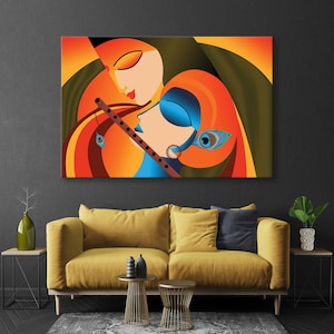 May include: Abstract painting of two figures in a loving embrace. The figures are depicted in a colorful style with vibrant orange, yellow, blue, and green hues. A flute is held by one of the figures, adding a musical element to the artwork.