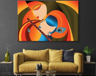 May include: Abstract painting of two figures in a loving embrace. The figures are depicted in a colorful style with vibrant orange, yellow, blue, and green hues. A flute is held by one of the figures, adding a musical element to the artwork.