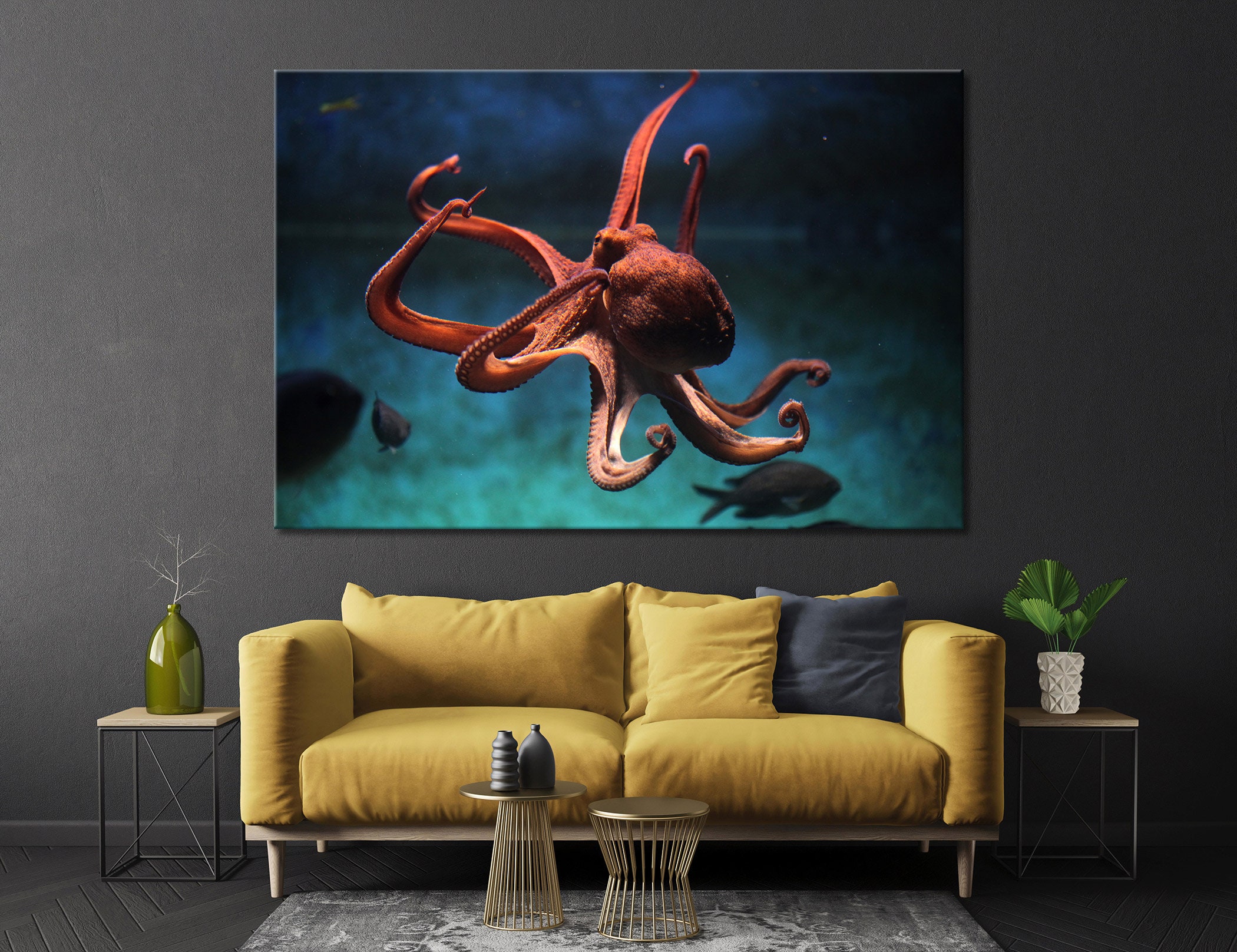 Common Octopus Orange Octopus Canvas Set Animal Wall Decor - Etsy