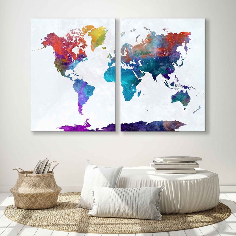 Watercolor World Map Canvas Print - Vibrant and Minimalist Wall Art for ...