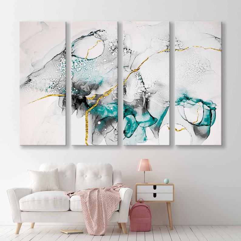 May include: Abstract art print with teal, black and gold accents. The print is divided into three panels, each featuring swirling, organic shapes.