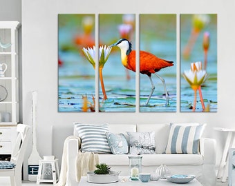Colorful African Wader Wall Art Canvas Extra Large Wall Art Jacana Canvas Print Birds Art Wild Animals Print Art Multi Pieces of Canvas Set