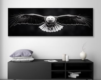 Bald Eagle Closeup Flying Canvas Print - Ornithology Wall Art - Natural Monochromatic Decor - Panoramic Ready to Hang Piece of Art