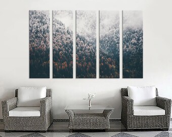 Foggy Autumn Coniferous Forest Landscape Aerial View Background Travel Serene Scenic View Foggy Forest Wall Art Foggy Forest Wall Decor Art