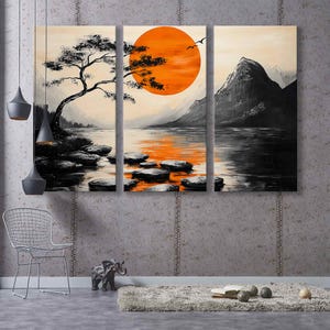 Japan Land of the Rising Sun Canvas Print - Traditional Japanese Art with Sun, Mountains, Lake, Tree