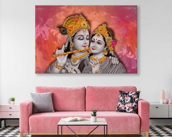 インドの神ラーダー・クリシュナのファインプリントポスター（フレーム