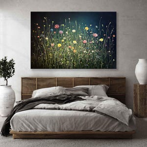 Wildflower Field Framed Canvas Print, Vintage Botanical Landscape Sign, Floral Decor, Modern Farmhouse Canvas Art, Field Of Flowers Wall Art
