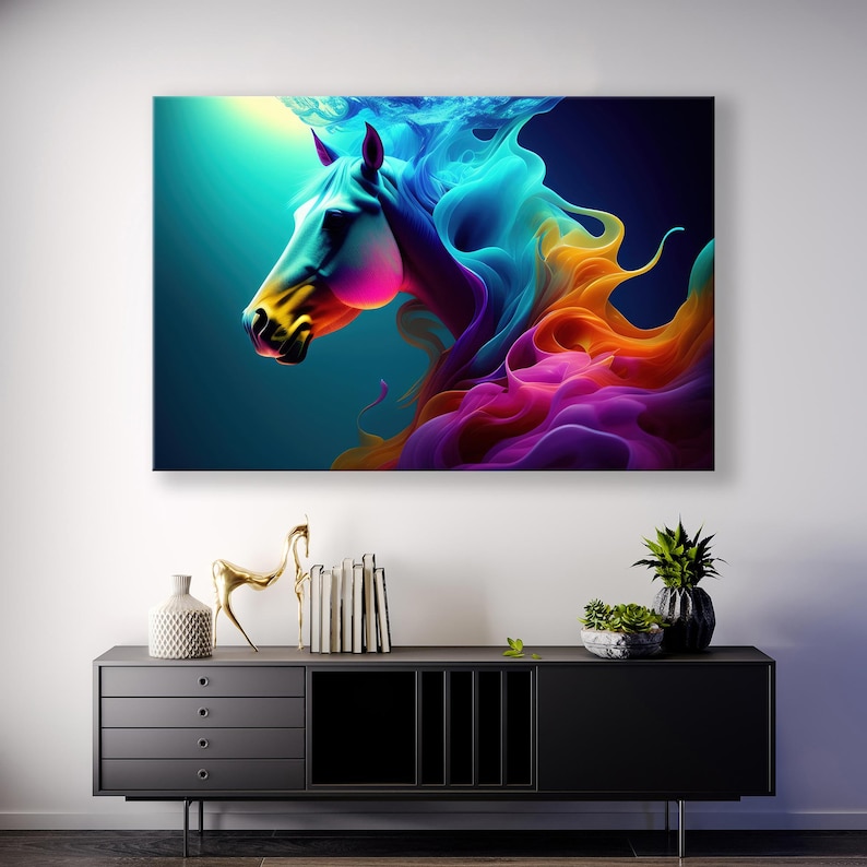 May include: Abstract painting of a horse's head with flowing, colourful mane and tail. The horse is rendered in shades of blue, purple, orange, and yellow against a dark blue background.
