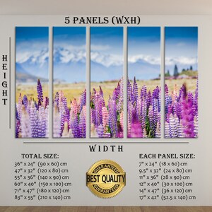 May include: Five-panel canvas print featuring a field of purple and pink lupine flowers with a mountain range in the background. The print is available in various sizes, with the total size ranging from 90 cm by 60 cm to 210 cm by 140 cm. Each panel is also available in different sizes, ranging from 18 cm by 60 cm to 52.5 cm by 140 cm.