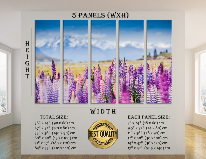 May include: Five-panel canvas print featuring a field of purple and pink lupine flowers with a mountain range in the background. The print is available in various sizes, with the total size ranging from 90 cm by 60 cm to 210 cm by 140 cm. Each panel is also available in different sizes, ranging from 18 cm by 60 cm to 52.5 cm by 140 cm.
