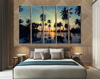 Art mural coucher de soleil, plage tropicale, palmiers, toile d'art coucher de soleil, impression sur toile, affiche d'art mural soirée plage, affiche d'art imprimable