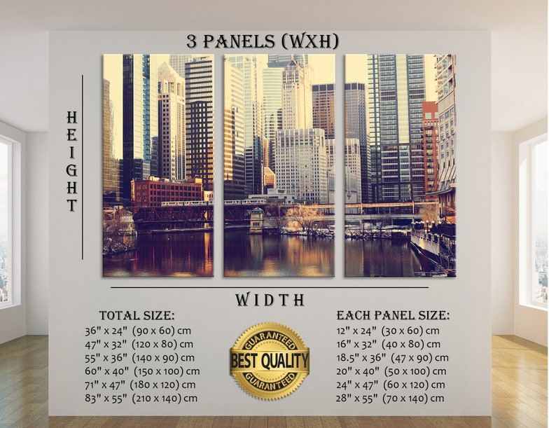 May include: A three-panel canvas print featuring a cityscape with tall buildings and a river in the foreground. The image is in a vintage style with warm colors and a soft focus. The print is available in multiple sizes, with the total size ranging from 36 inches by 24 inches to 83 inches by 55 inches. The text "3 Panels (WXH)" and "Guaranteed Best Quality" is visible in the image.