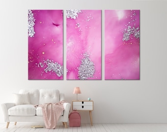 Bright Pink and Silver Abstract Marble Large Wall Art Canvas Set