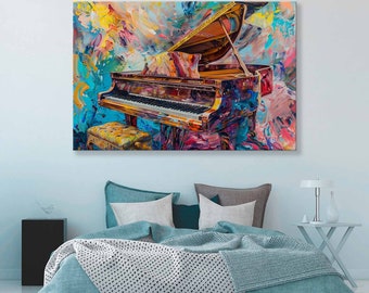 Può includere: Un dipinto astratto colorato di un pianoforte a coda con il coperchio aperto. Il pianoforte è dipinto in tonalità di rosso, blu, giallo e verde. Lo sfondo è un mix di colori vorticosi.