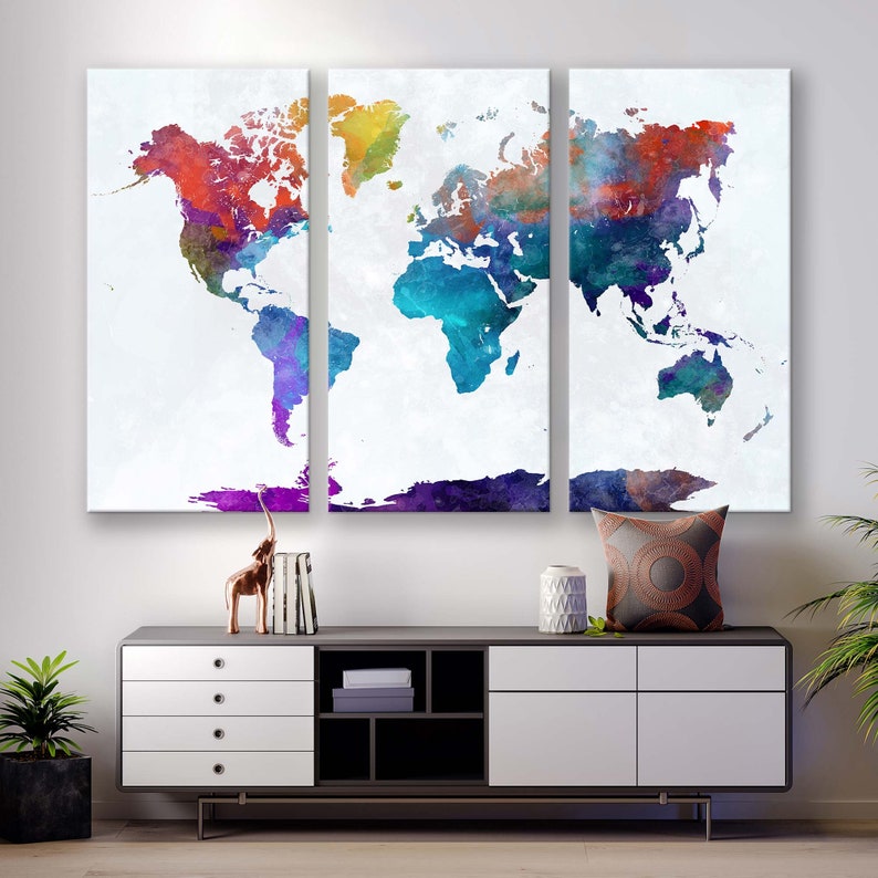 Watercolor World Map Canvas Print - Vibrant and Minimalist Wall Art for ...