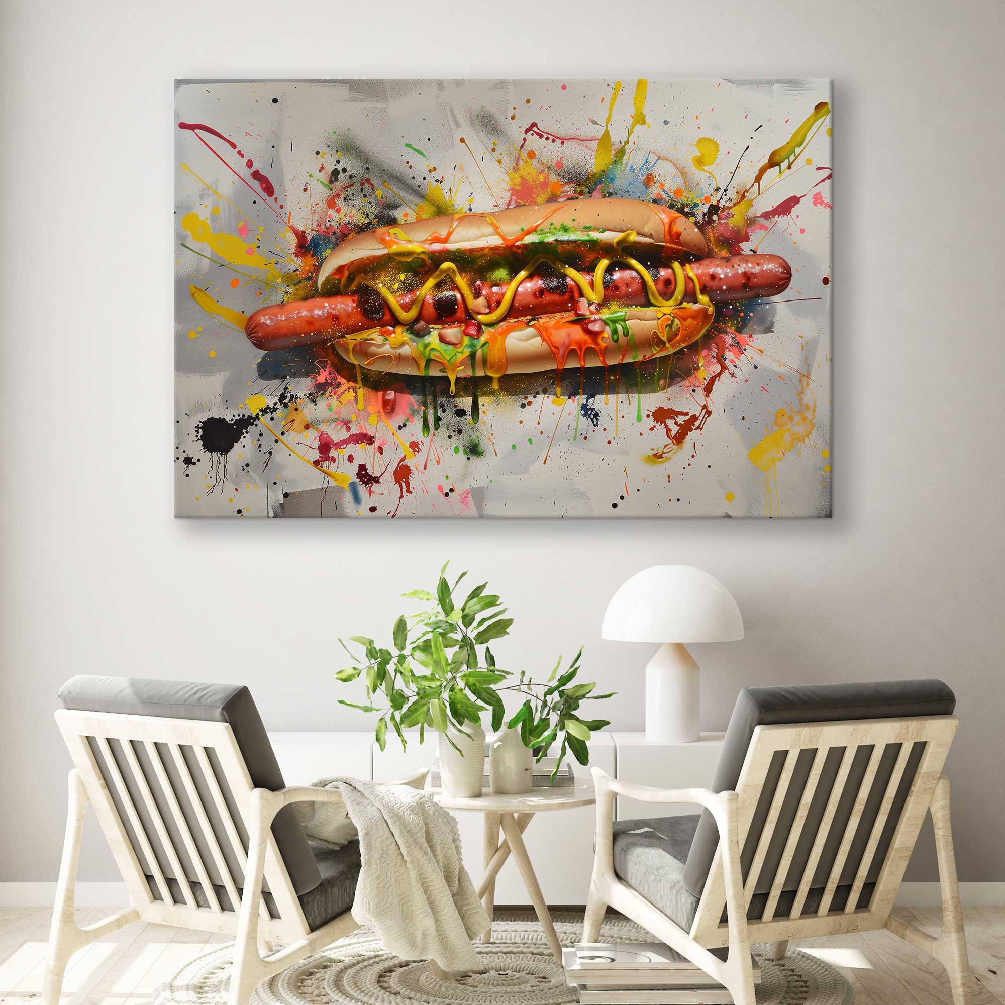 絵画 hot dog Colorful Hot Dog Graffiti Canvas Print, Fast Food Wall Decor
