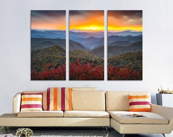 Art mural Blue Ridge montagnes Blue Ridge, décoration murale paysage coucher de soleil, automne, décoration murale Appalaches, ensemble de toile