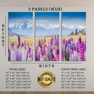 May include: A three-panel canvas print depicting a field of purple and pink lupine flowers with snow-capped mountains in the background. The print is available in various sizes, with the total size ranging from 90 cm by 60 cm to 210 cm by 140 cm. Each panel is available in sizes ranging from 30 cm by 60 cm to 70 cm by 140 cm.