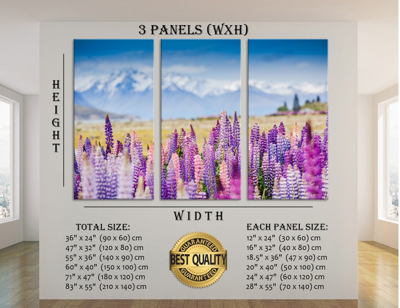 May include: A three-panel canvas print depicting a field of purple and pink lupine flowers with snow-capped mountains in the background. The print is available in various sizes, with the total size ranging from 90 cm by 60 cm to 210 cm by 140 cm. Each panel is available in sizes ranging from 30 cm by 60 cm to 70 cm by 140 cm.