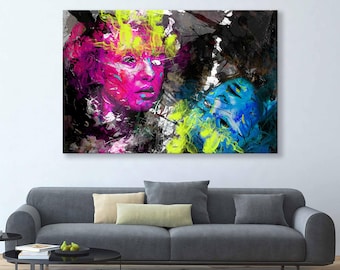 May include: Abstract art print featuring two faces with colorful paint splatters and brushstrokes. The faces are partially obscured by the paint, creating a sense of mystery and intrigue. The colors are vibrant and bold, including pink, blue, yellow, and black.