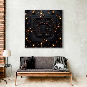May include: Abstract digital art print featuring a black and gold circuit board design with glowing lights. The design is symmetrical and resembles a computer chip.