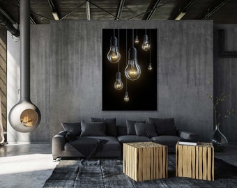 Light Bulbs on Black Background, Light Bulbs Canvas Print, Living Room decor