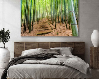 Arte mural imprimible de Kioto - Impresión en lienzo de Japón - Decoración de pared con bosque de bambú - Juego de arte mural verde para colgar
