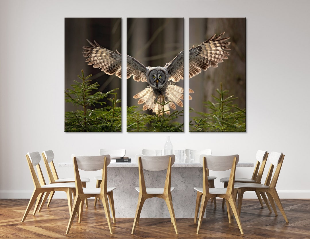 Forest With Owl Canvas Print Flying Great Grey Owl Print Art Green ...