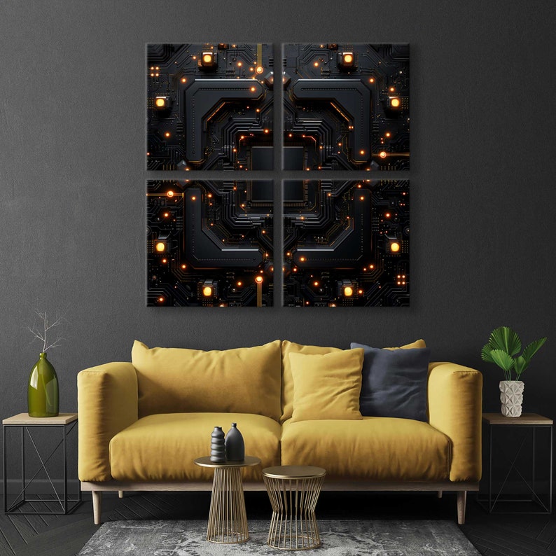 May include: A four-piece abstract art print set featuring a black and gold design with a circuit board pattern. The design is reminiscent of a computer motherboard with glowing lights.