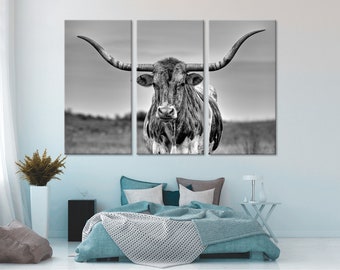 Texas Longhorn Black and White Wall Art Texas Longhorn Canvas Extra Large Wall Art Home Wall Decor Home Wall Art Home Decor Home Art Set