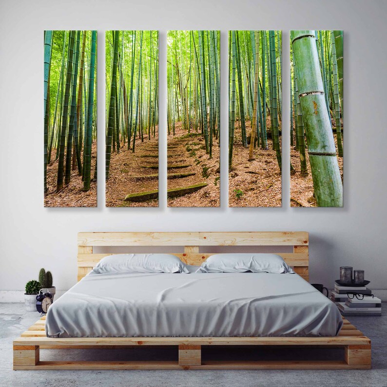 Puede incluir: Una vista panor&aacute;mica de un bosque de bamb&uacute; con un sendero que conduce a trav&eacute;s de los &aacute;rboles. El sendero est&aacute; hecho de escalones de piedra y est&aacute; rodeado de tallos de bamb&uacute; altos y verdes.