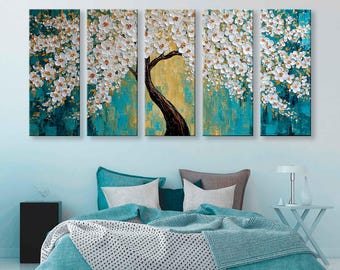 Lienzo decorativo de 5 paneles con árbol floreciente en verde azulado y dorado